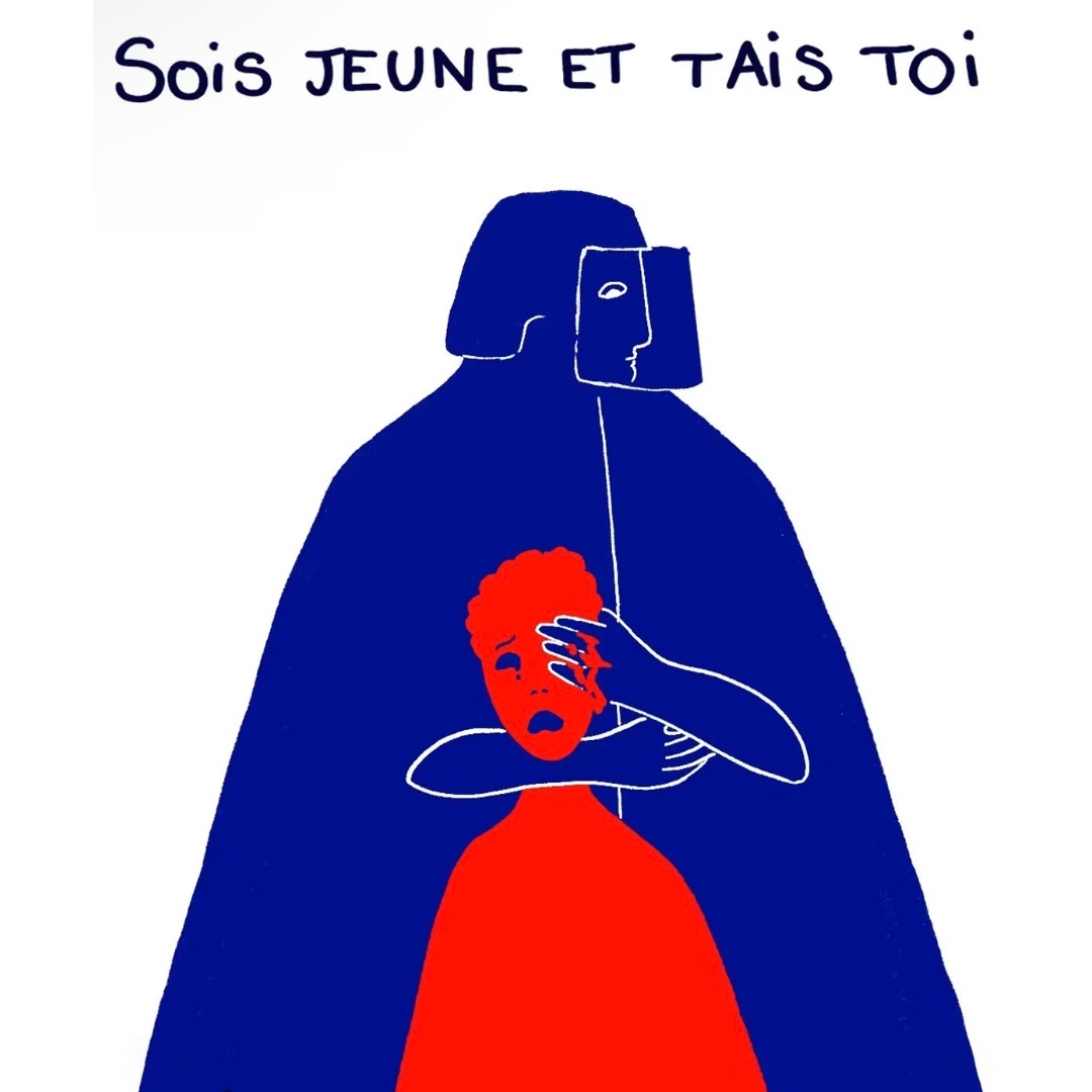 Artwork 10: A blue riot officer silences an orange young person beneath the slogan Sois jeune et tais toi.