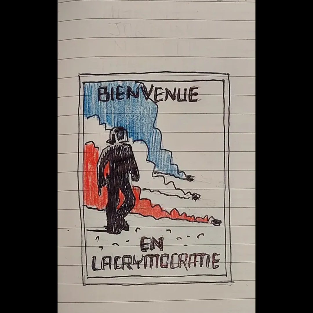 Artwork 3: A coloured-pencil reinterpretation of Bienvenue en lacrymocratie on lined paper.