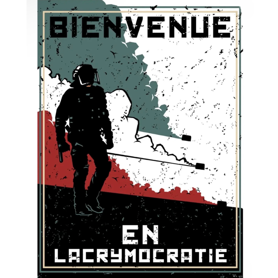 Artwork 3: Bienvenue en lacrymocratie: a riot officer stands before a distressed French tricolour.