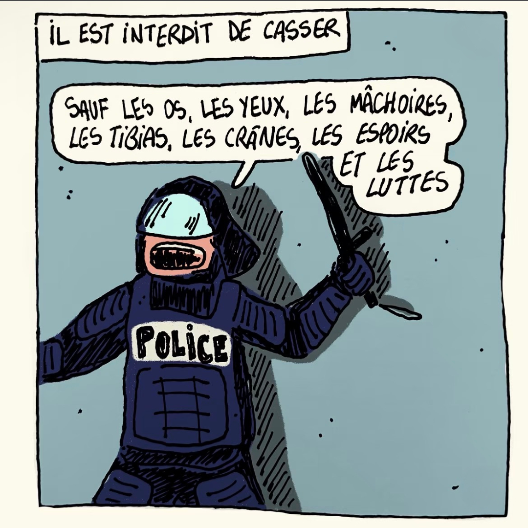 Artwork 5: A riot officer lists bones, eyes, jaws, hopes and struggles as exceptions to the prohibition on breaking things.