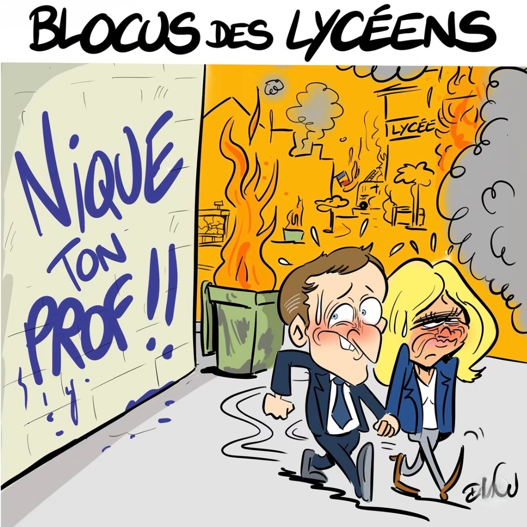 Artwork 7: Emmanuel and Brigitte Macron walk past a burning lycée and the graffiti Nique ton prof.